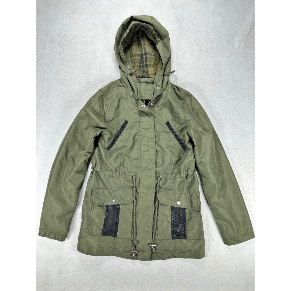 Caribbean Joe Womens Olive Green Utility Field Jacket Hooded Plaid Lining Small